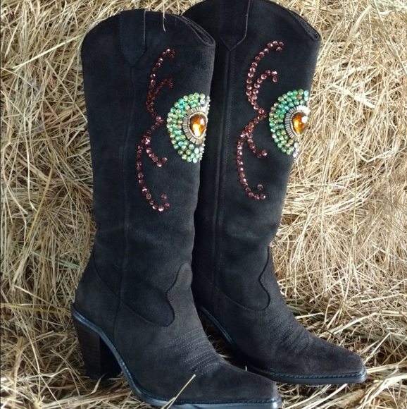 Brown Suede Sequin Pull On Colin Stuart Jeweled Boots - Picture 2 of 8